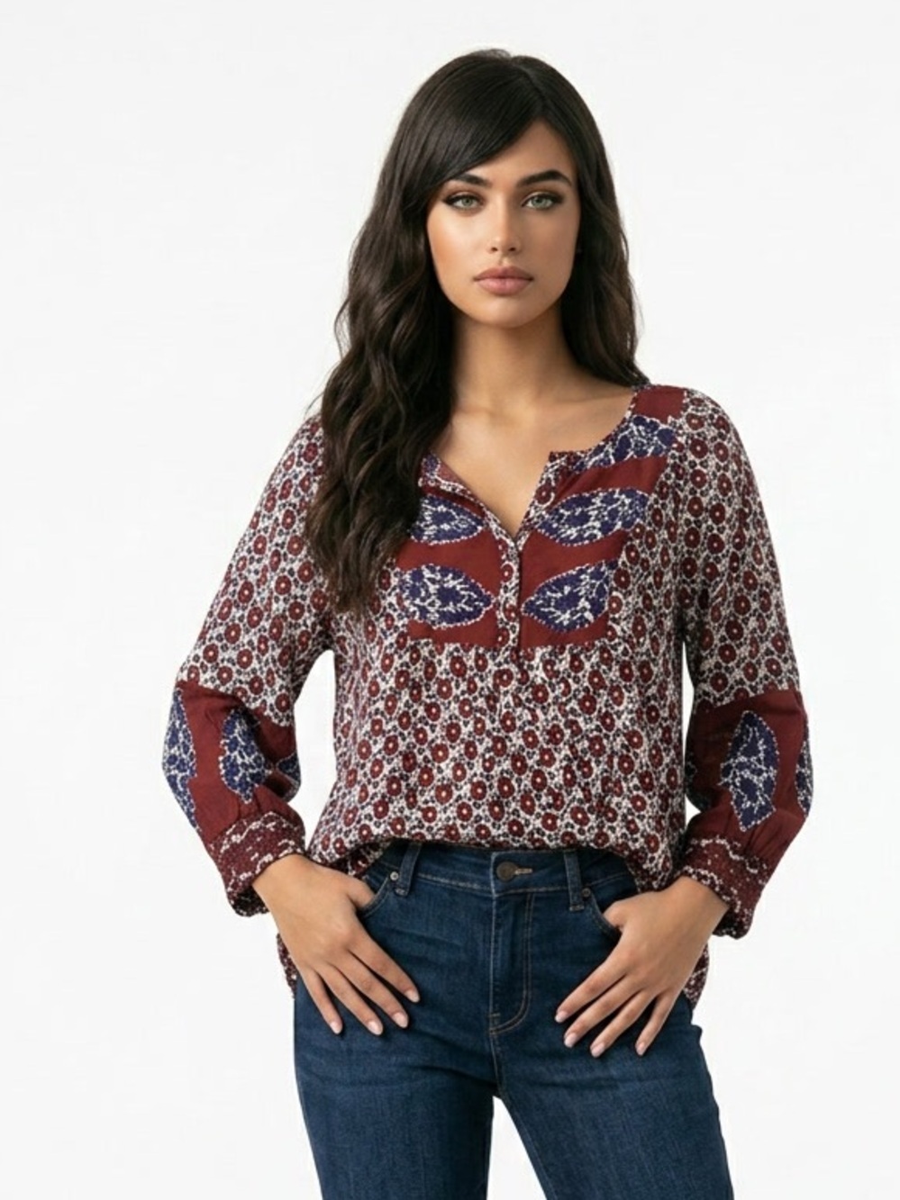 Lucky Brand Maroon, Navy and Cream Floral Peasant Tunic 1X